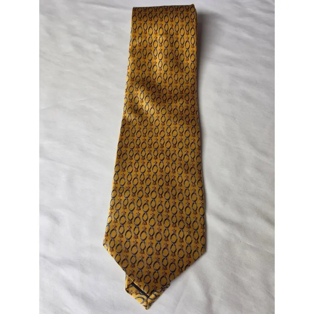 100% Pure Silk Men’s Tie Gold Blue Equestrian Horse Bit Print 28” Folded